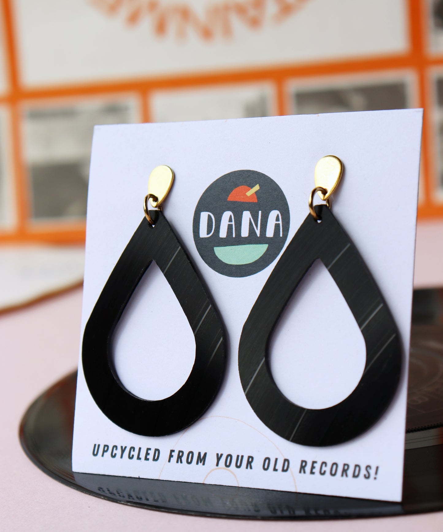 ALL BLACK vinyl record teardrop contour earrings / gold or silver posts