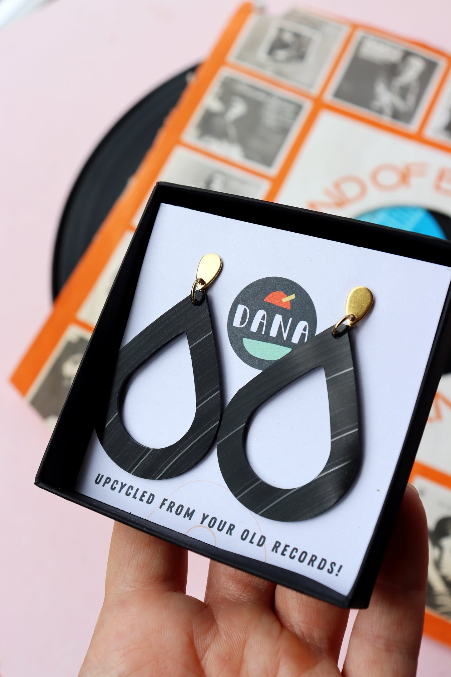 ALL BLACK vinyl record teardrop contour earrings / gold or silver posts