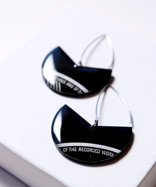 Elegant upcycled black vinyl record earrings with a subtle hint of silvery grey label / ONE OF A KIND