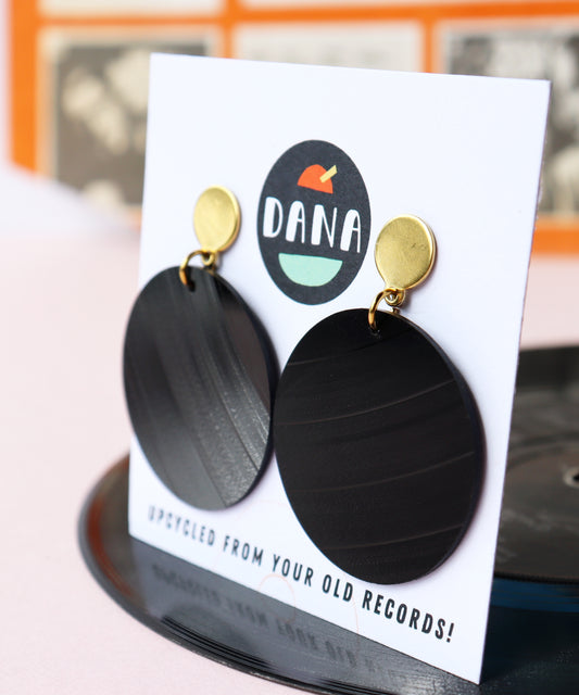 ALL BLACK vinyl record medium disc earrings / gold or silver posts