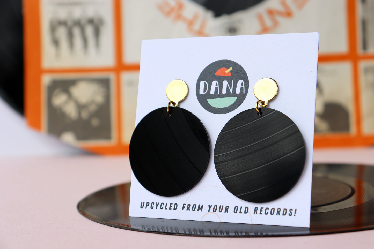 ALL BLACK vinyl record medium disc earrings / gold or silver posts