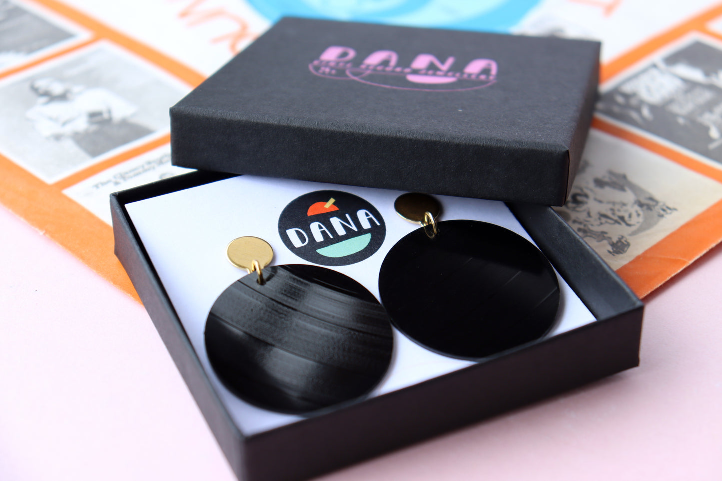 ALL BLACK vinyl record medium disc earrings / gold or silver posts