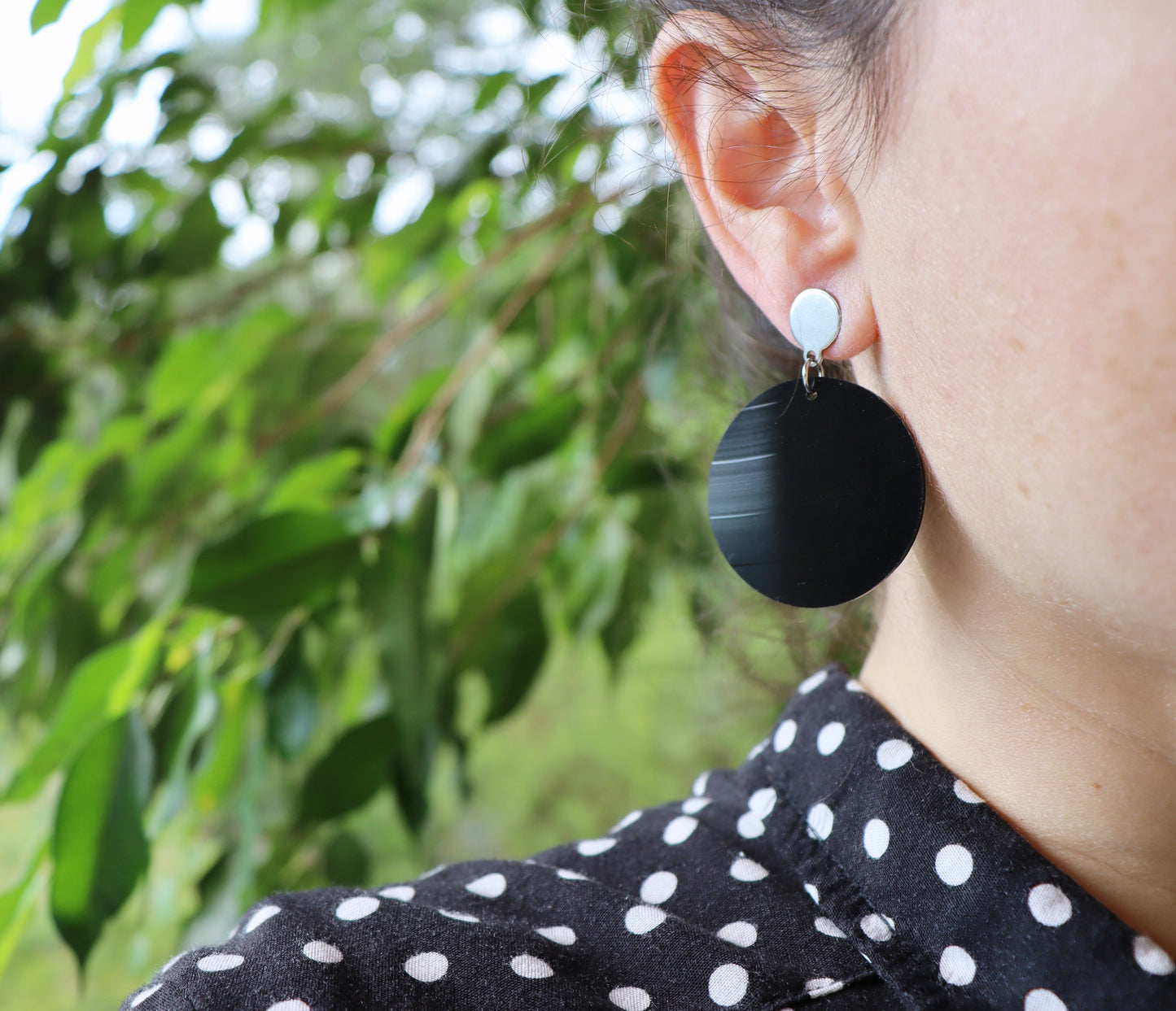 ALL BLACK vinyl record medium disc earrings / gold or silver posts