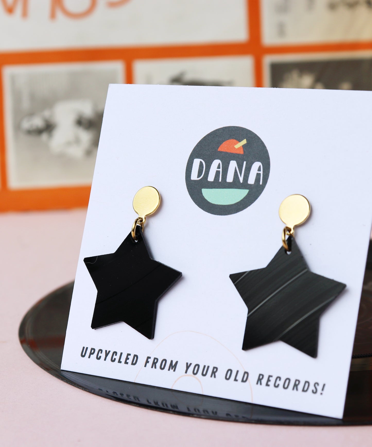 ALL BLACK medium vinyl record star earrings / gold or silver posts