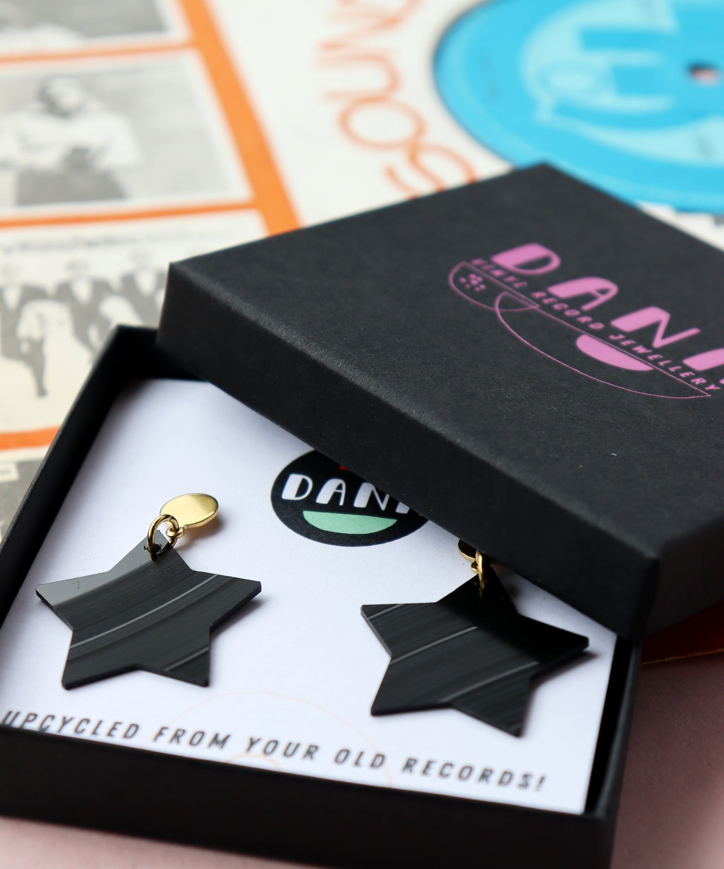 ALL BLACK medium vinyl record star earrings / gold or silver posts