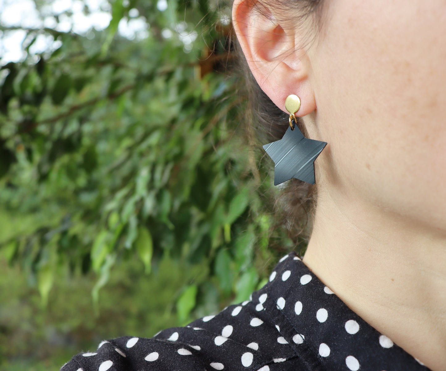 ALL BLACK medium vinyl record star earrings / gold or silver posts