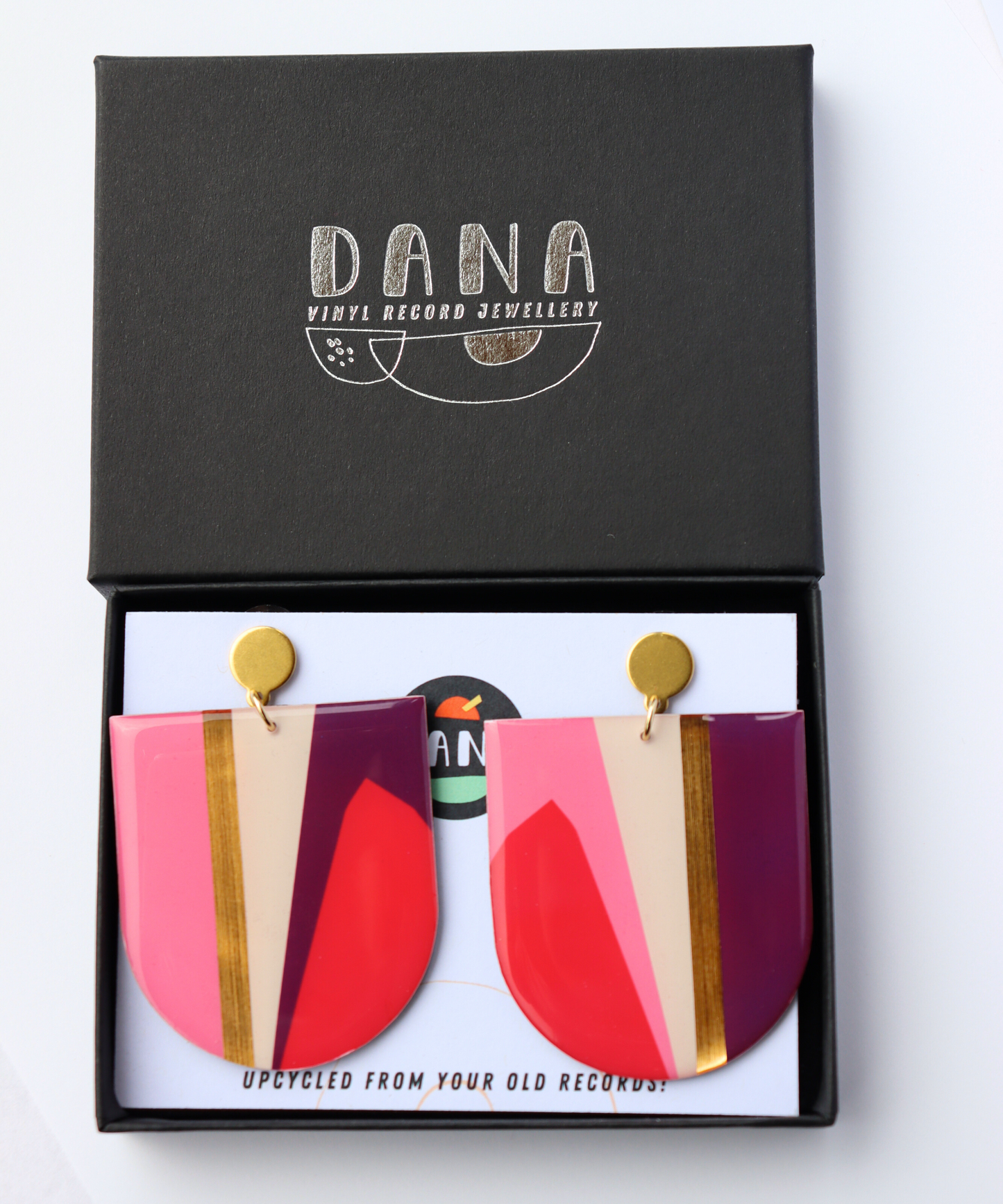 NIKKI NO.1 in red, pink, plum, gold / abstract contemporary recycled earrings