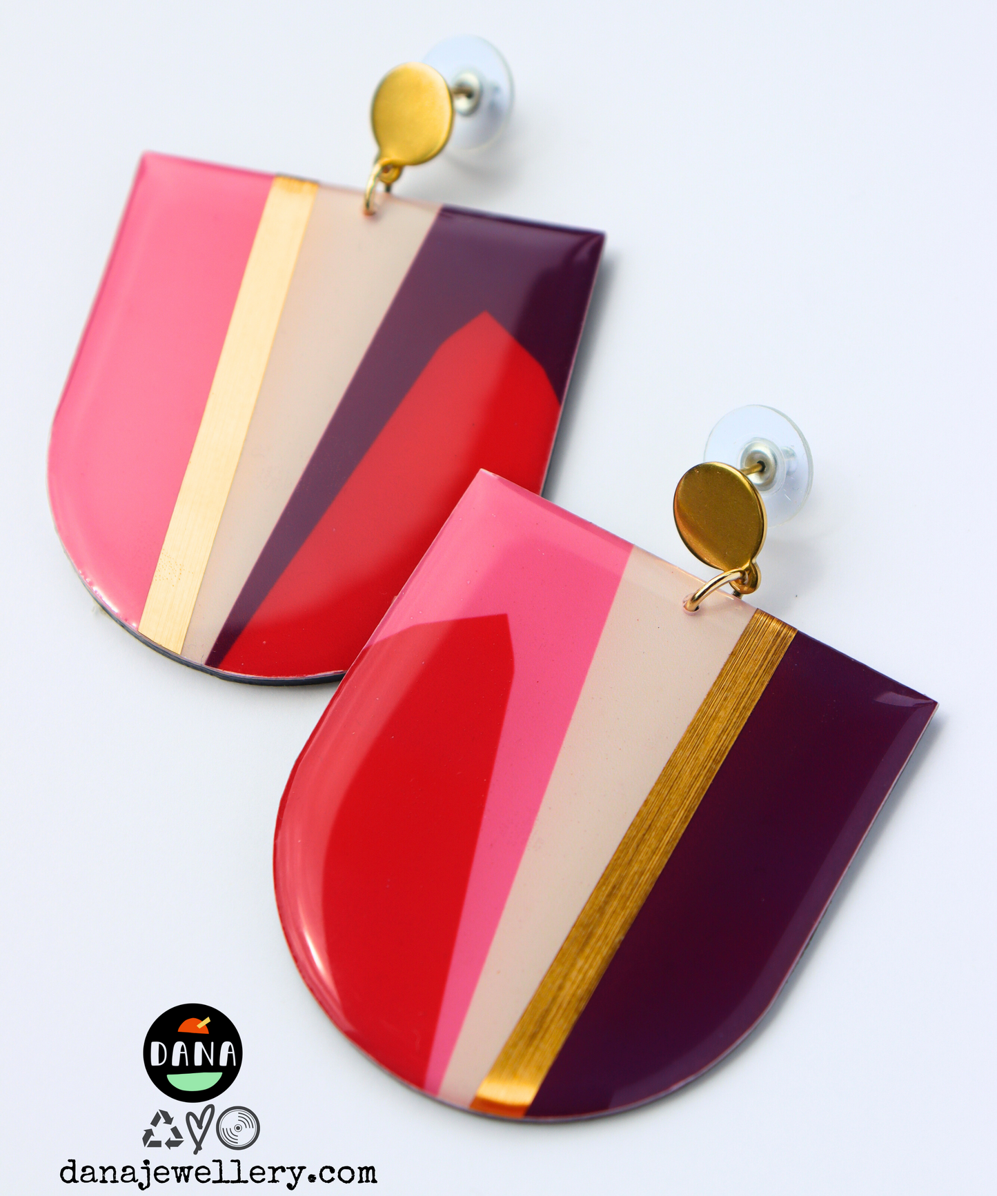 NIKKI NO.1 in red, pink, plum, gold / abstract contemporary recycled earrings