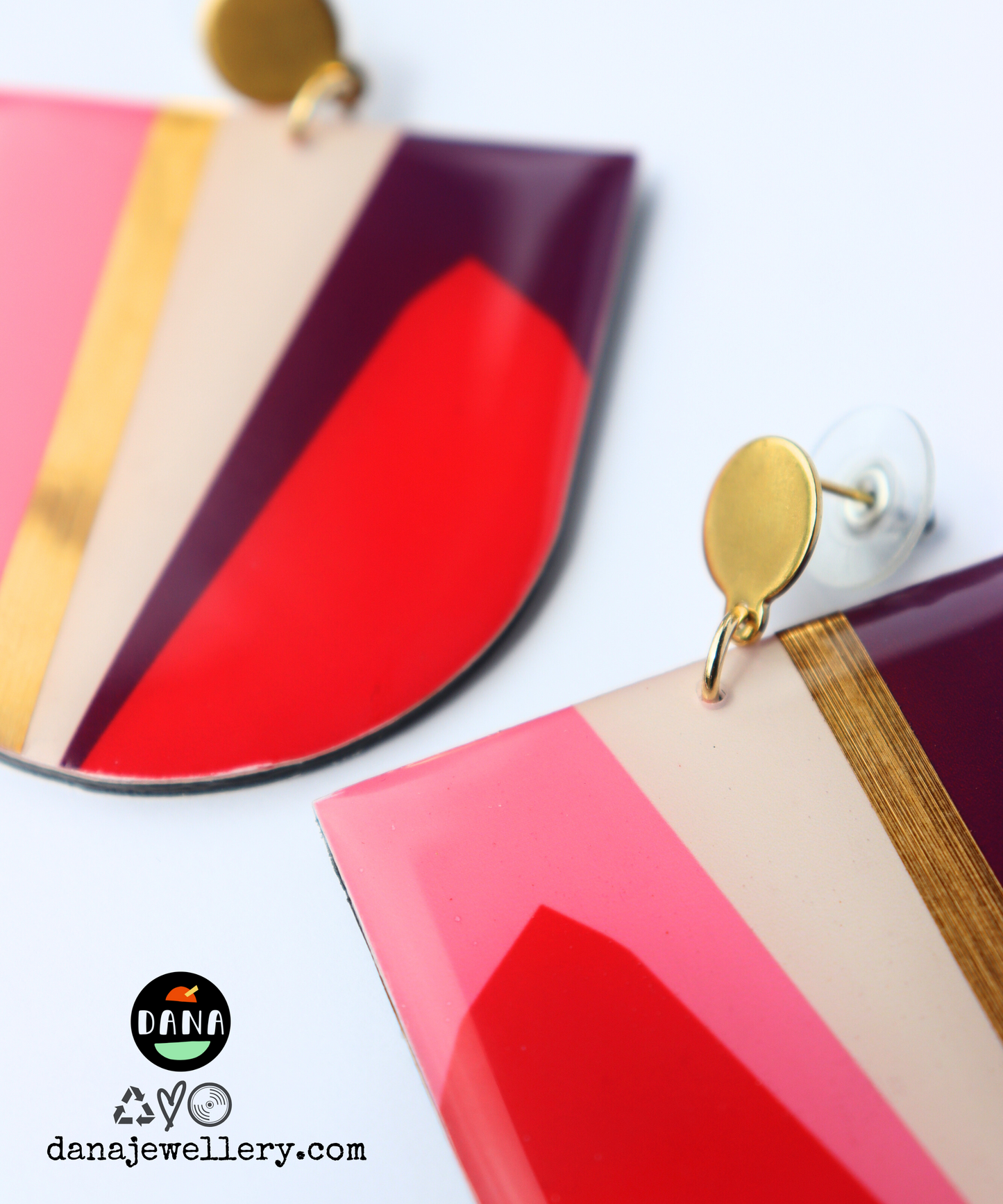 NIKKI NO.1 in red, pink, plum, gold / abstract contemporary recycled earrings