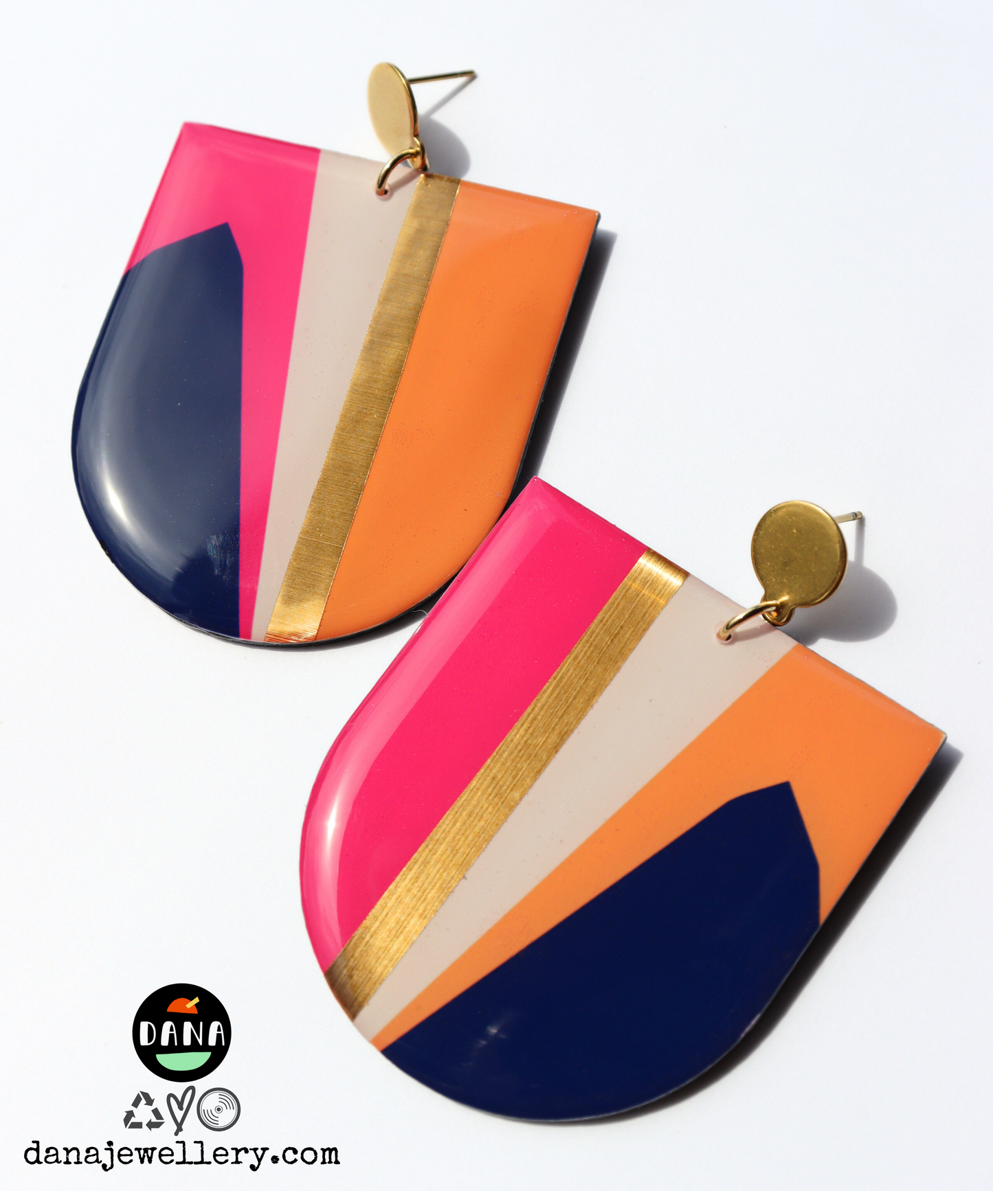 NIKKI NO.2 in pink, navy, yellow, gold / statement vinyl record earrings