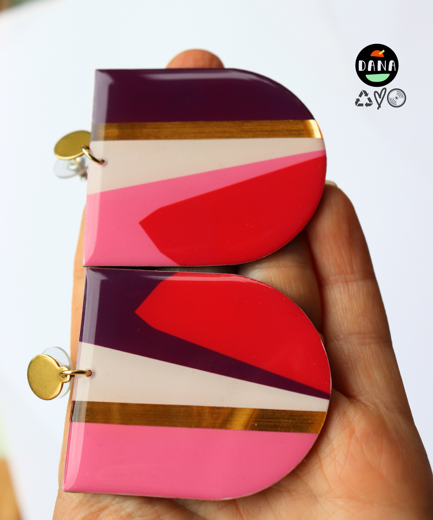 NIKKI NO.1 in red, pink, plum, gold / abstract contemporary recycled earrings