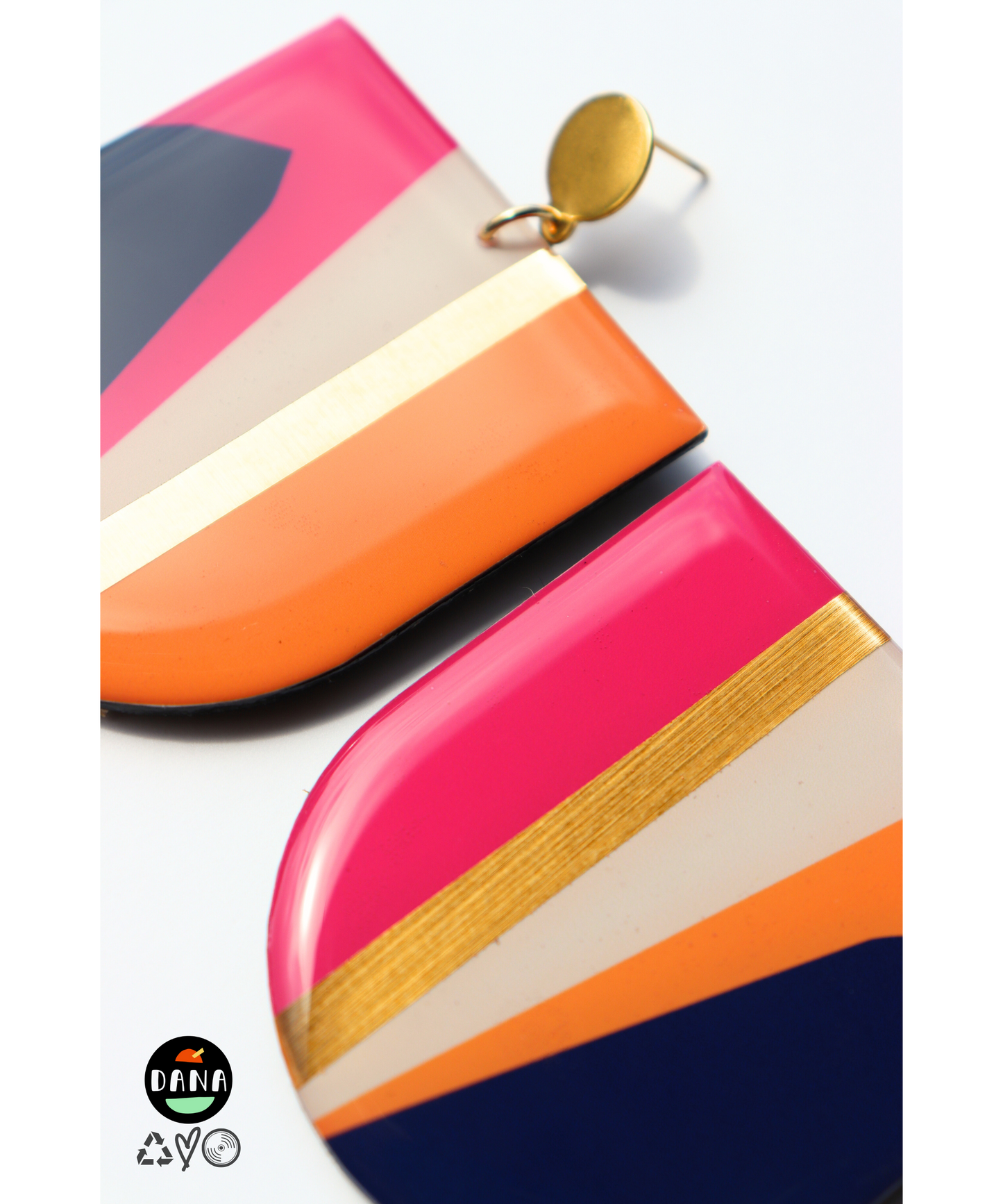 NIKKI NO.2 in pink, navy, yellow, gold / statement vinyl record earrings