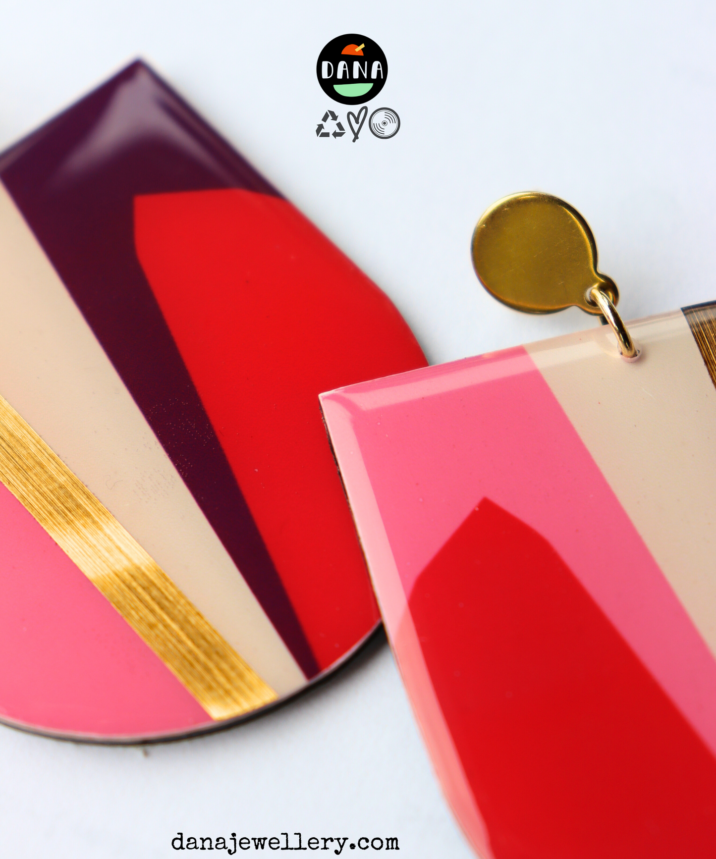 NIKKI NO.1 in red, pink, plum, gold / abstract contemporary recycled earrings
