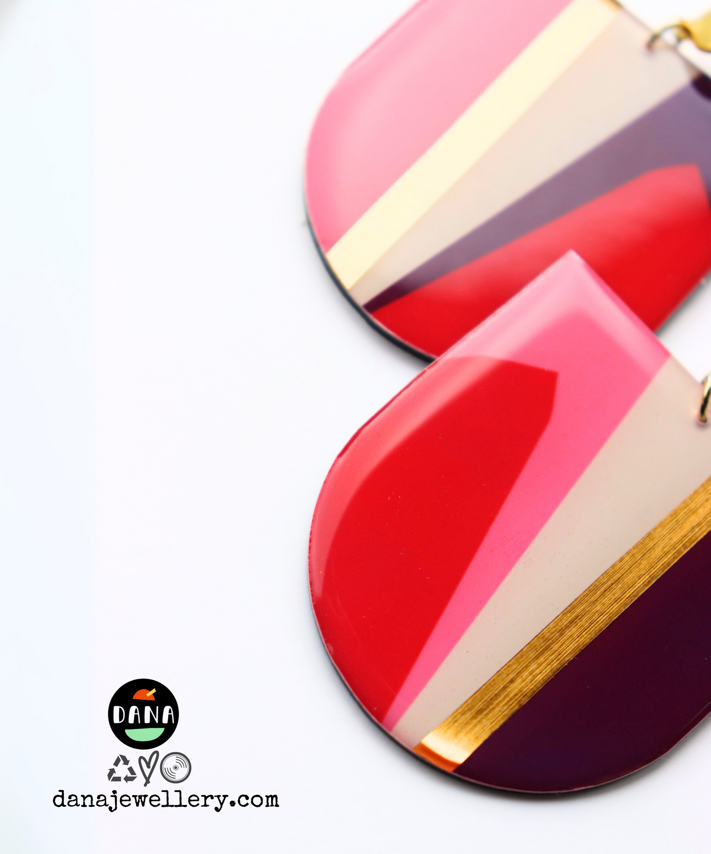 NIKKI NO.1 in red, pink, plum, gold / abstract contemporary recycled earrings
