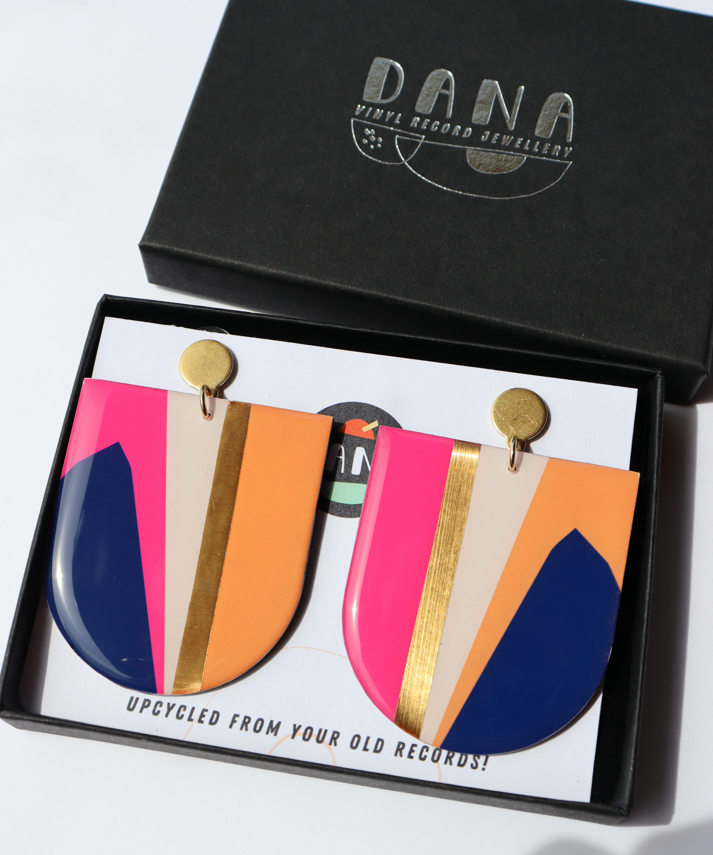 NIKKI NO.2 in pink, navy, yellow, gold / statement vinyl record earrings