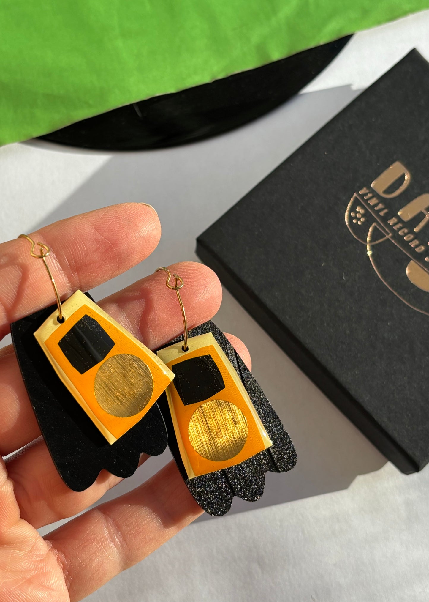 40% OFF Upcycled vinyl record earrings in hot yello, black and gold / unique Irish design