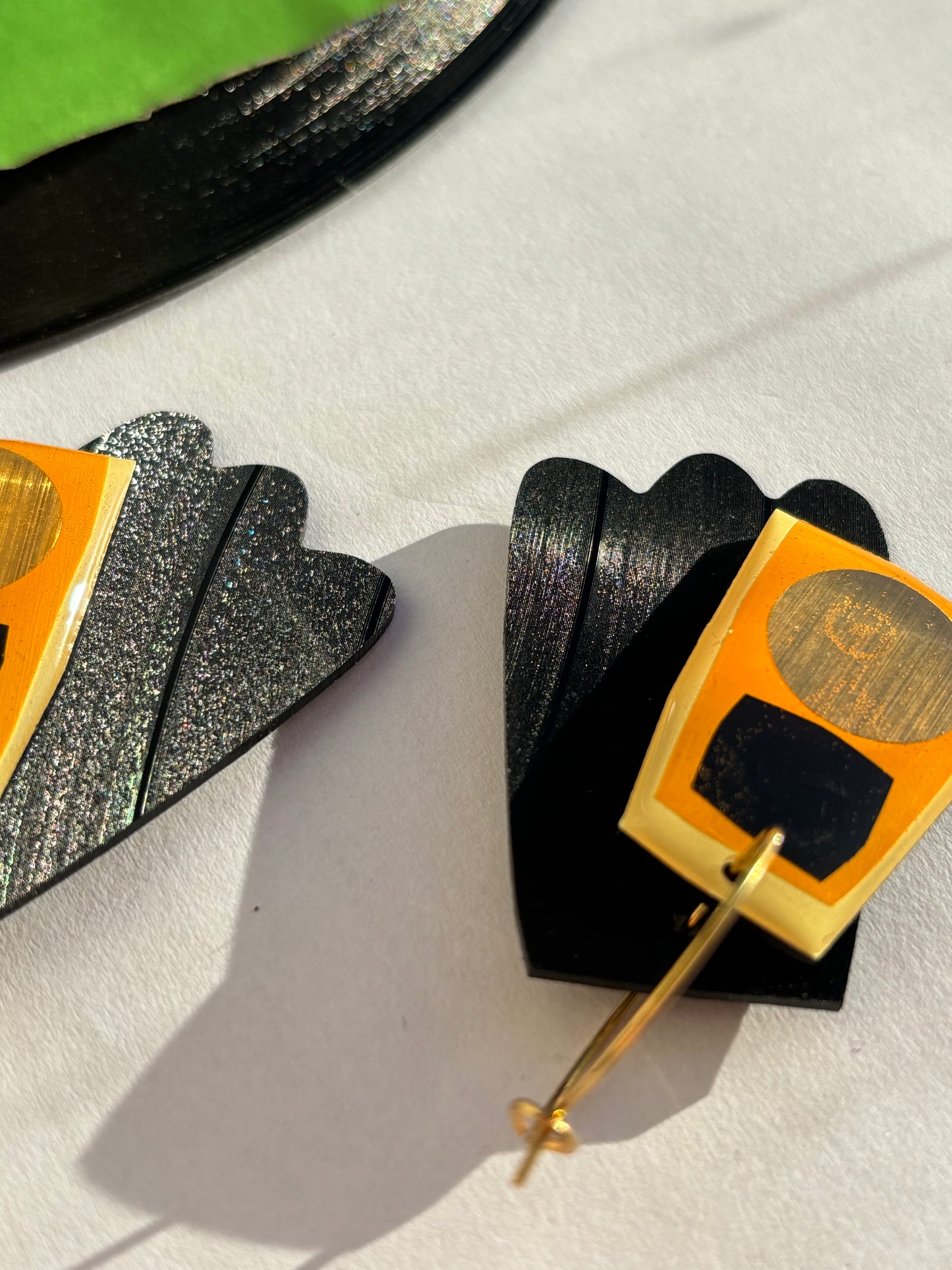 40% OFF Upcycled vinyl record earrings in hot yello, black and gold / unique Irish design