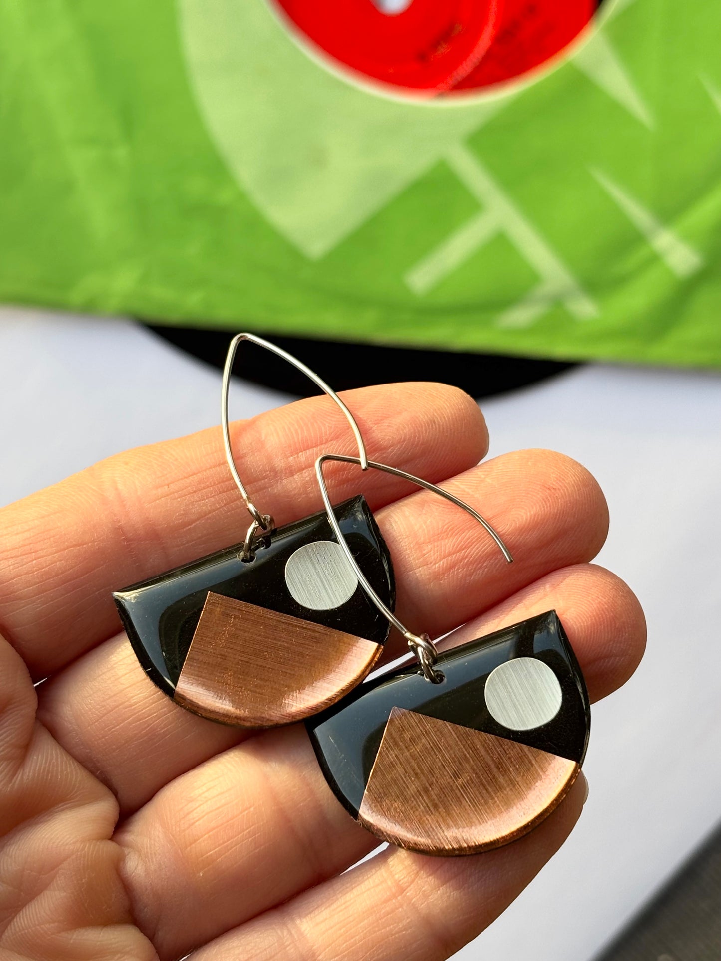 30% OFF upcycled record earrings in copper with a pop of silver / geometric contemporary Irish jewellery design