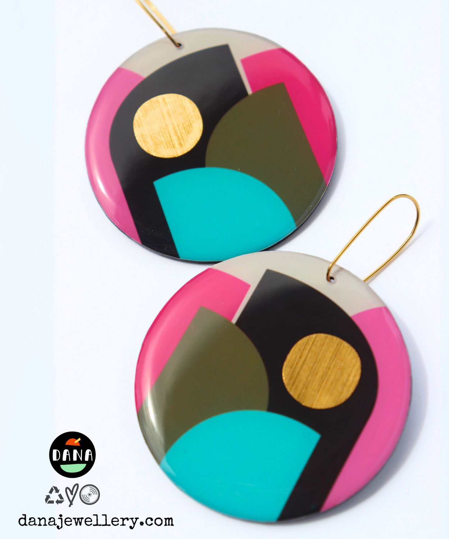 CLEO NO.1 in pink, olive, turquoise, gold / graphic hard edge disc earrings
