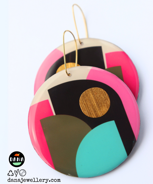 CLEO NO.1 in pink, olive, turquoise, gold / graphic hard edge disc earrings