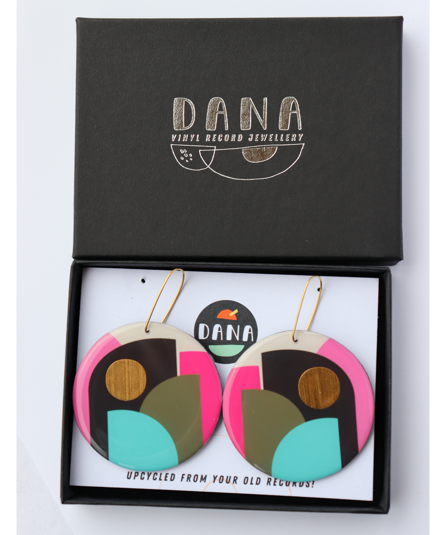CLEO NO.1 in pink, olive, turquoise, gold / graphic hard edge disc earrings