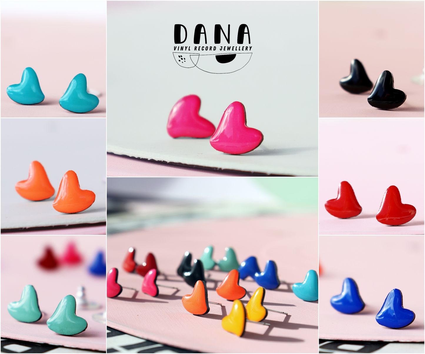 HEART STUDS / 8 colours / upcycled vinyl record jewellery