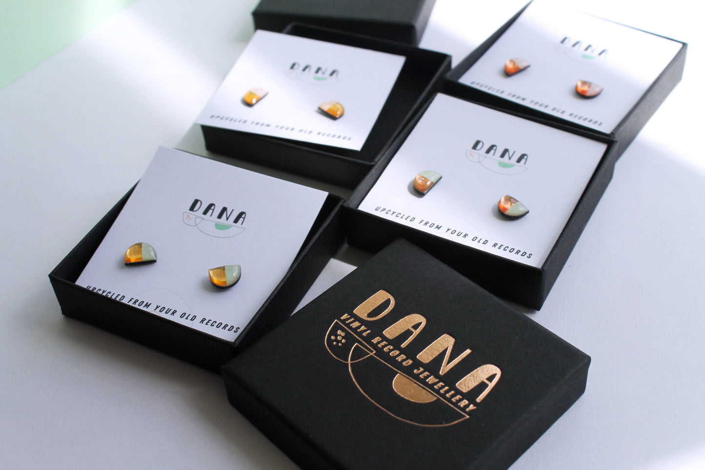 HALF MOON STUDS in deep blue grey with gold OR copper detail