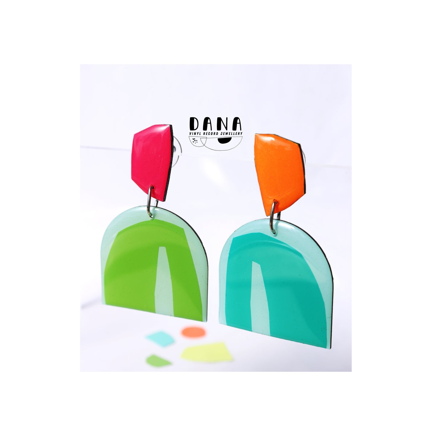GEO NO.1 in apple green, teal turquoise, hot pink, vibrant orange