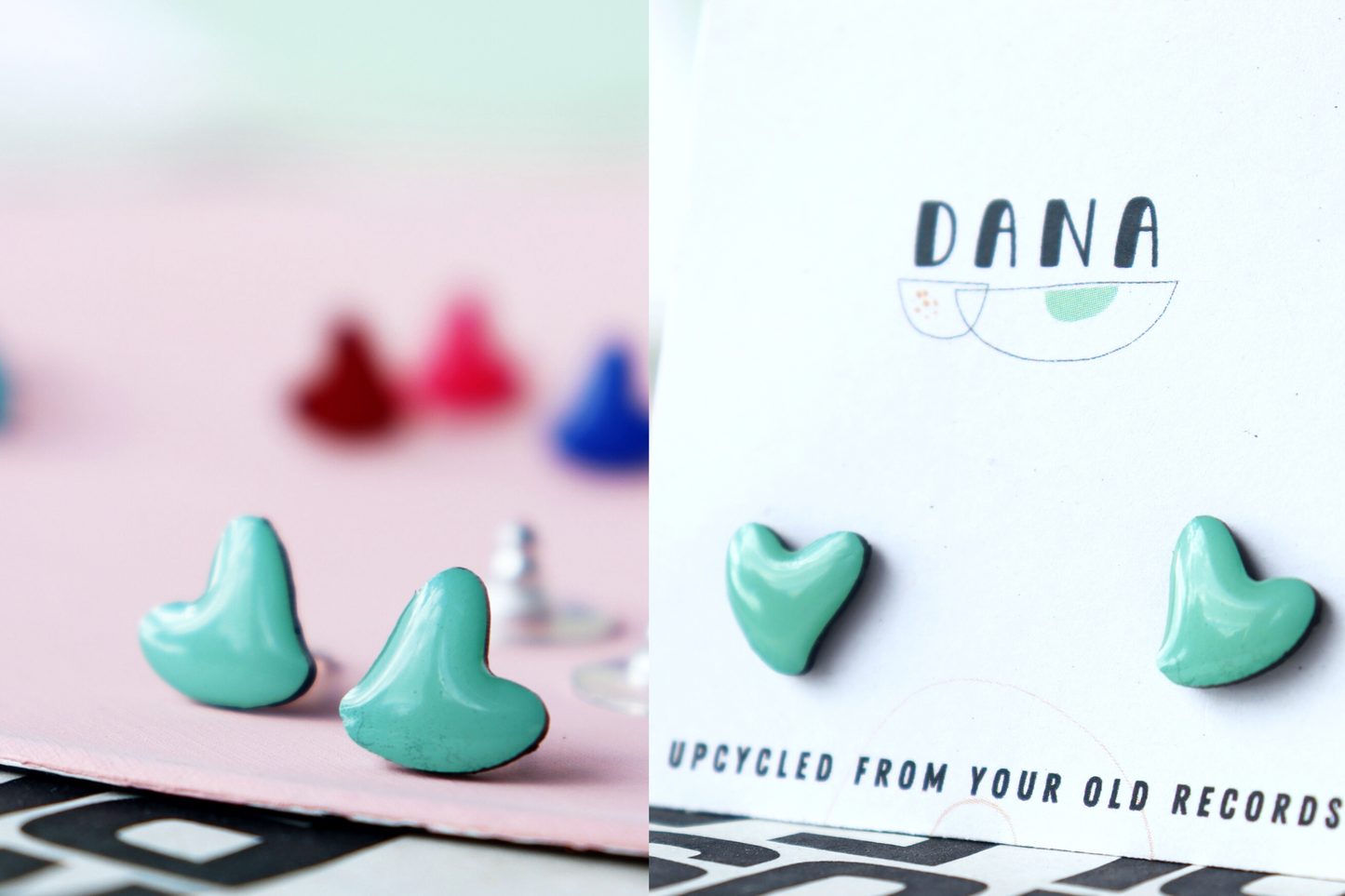 HEART STUDS / 8 colours / upcycled vinyl record jewellery