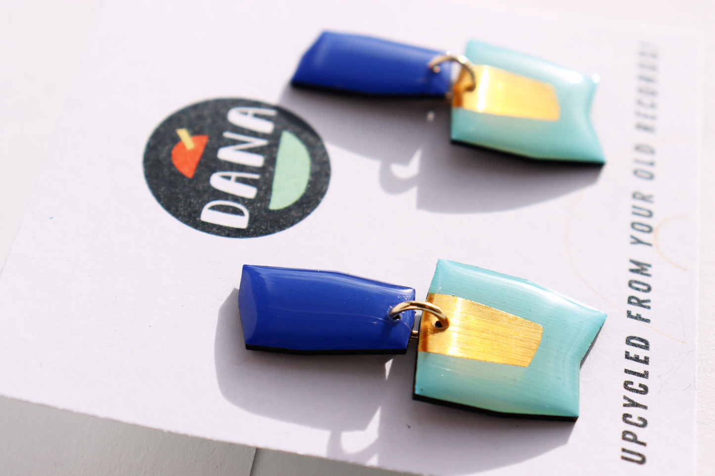 Connie no.2 / Festive contemporary earrings in blue with lush pops of gold
