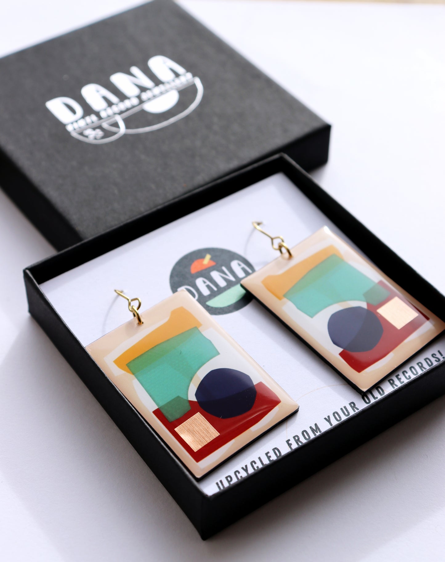 30% OFF Collage abstraction with a touch of copper / contemporary upcycled vinyl earrings