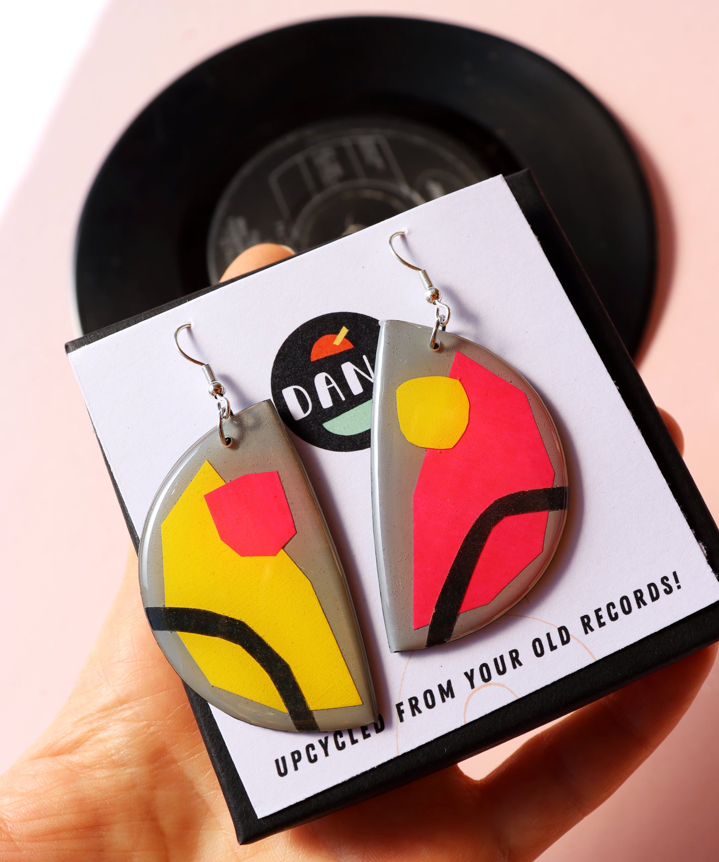 20% OFF One of a kind upcycled art earrings in hot pink, yellow, grey and black