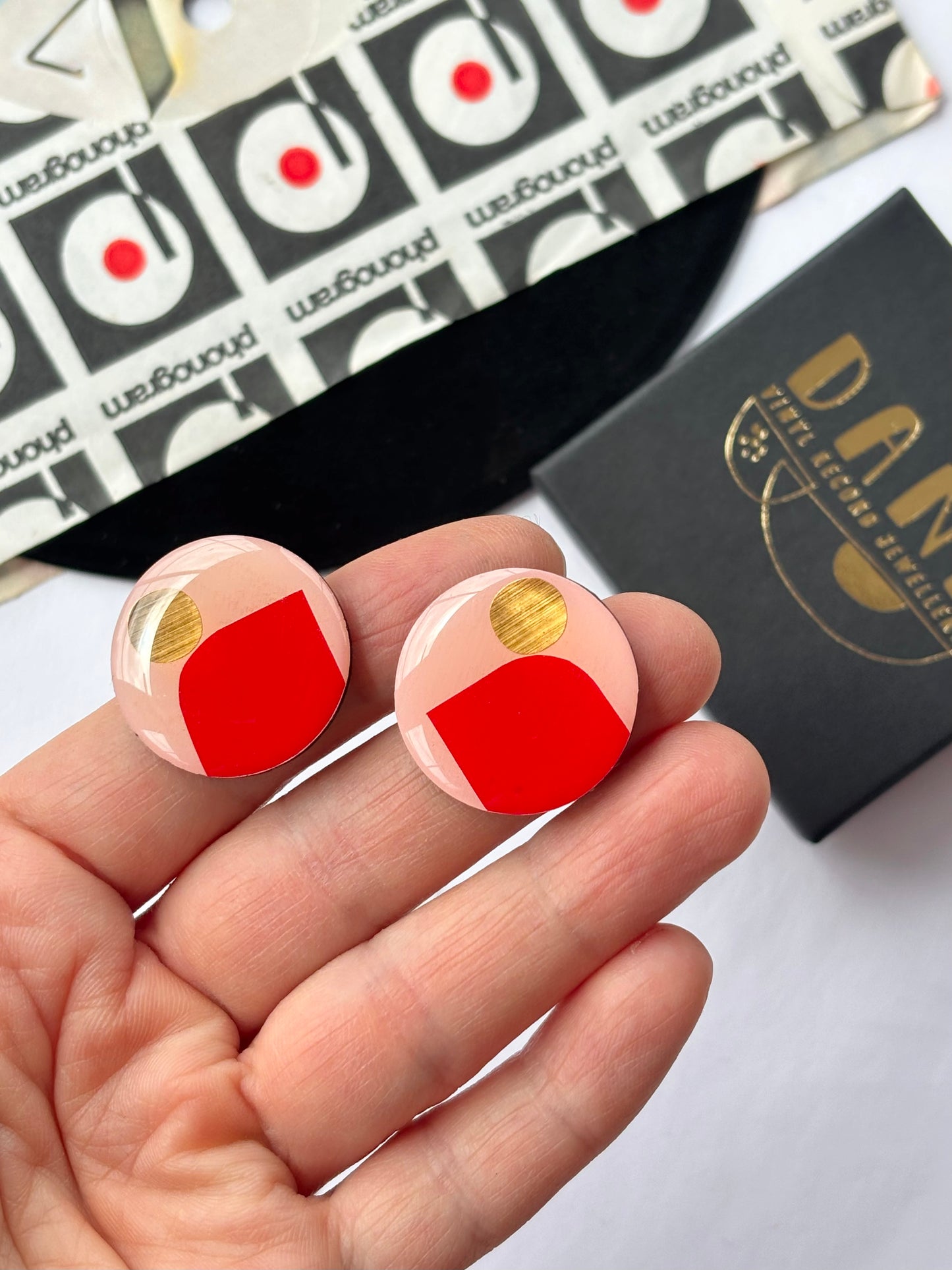 30% off large one of a kind studs in light pink, vibrant red, with lush pops of gold | contemporary art earrings