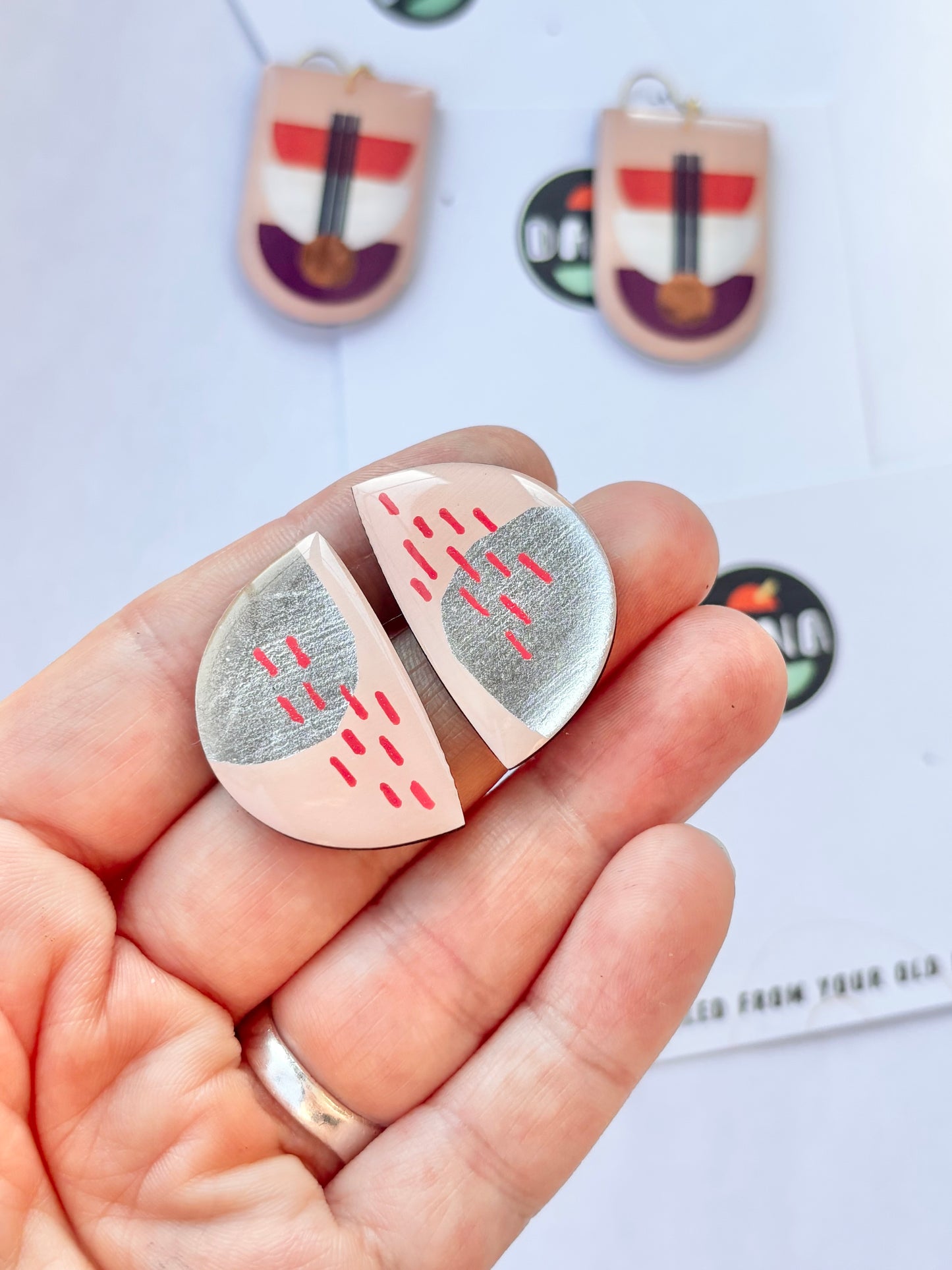 40% OFF large one of a kind studs in light pink, with lush pops of silver and red | contemporary art earrings