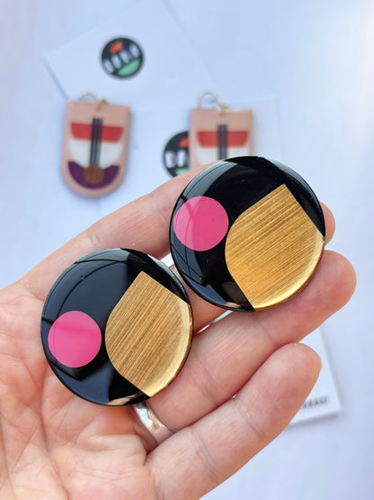 50% OFF X-LARGE STATEMENT upcycled vinyl record studs in black, gold, and pink