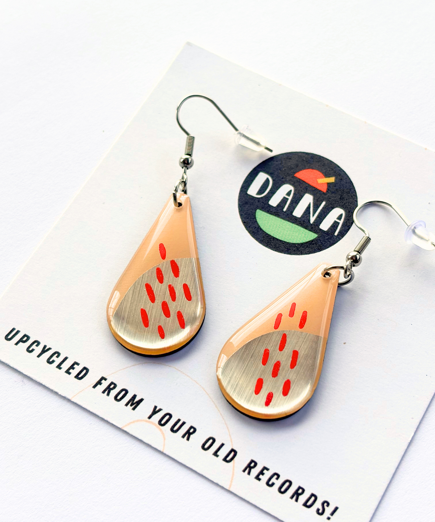 30% OFF unique abstract art earrings upcycled from vinyl record in pink, silver, with red detail