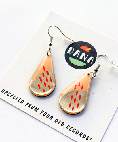 30% OFF unique abstract art earrings upcycled from vinyl record in pink, silver, with red detail