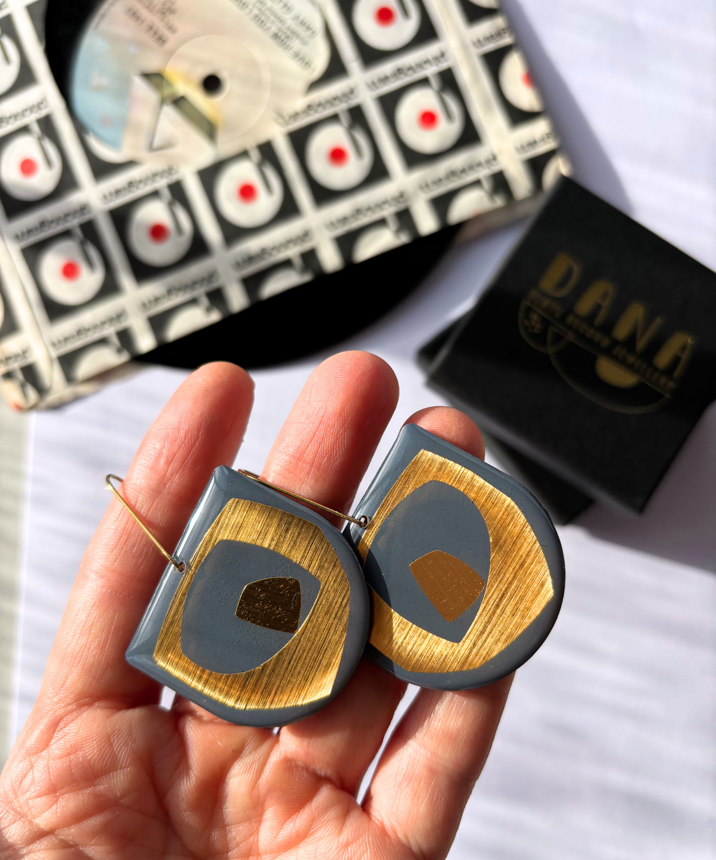 30% off bold art graphic earrings in deep blue grey and lush gold | Irish made earrings