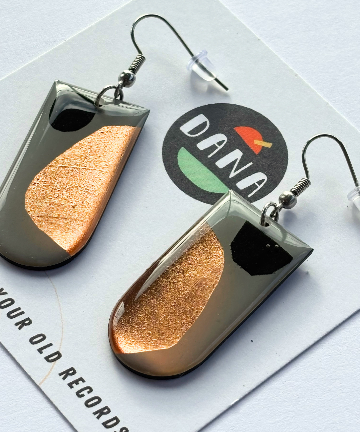 40% OFF -tiny bubbles, read description- unique abstract art earrings upcycled from vinyl record with warm copper detail