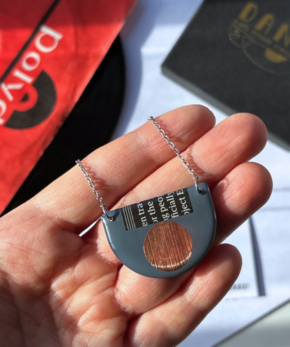 40% OFF / modern recycled vinyl record necklace in blue grey, copper and recycled paper detail