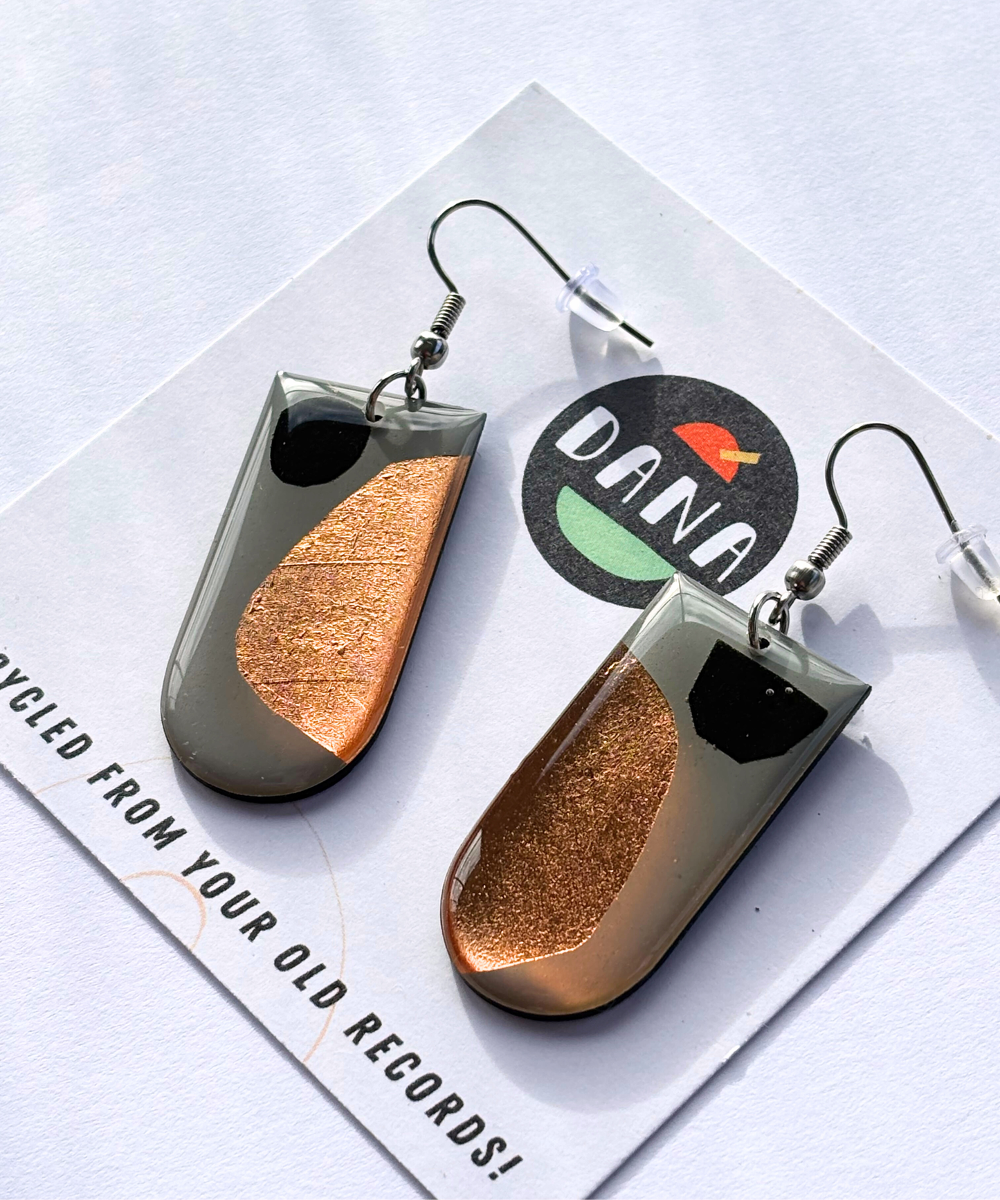 40% OFF -tiny bubbles, read description- unique abstract art earrings upcycled from vinyl record with warm copper detail