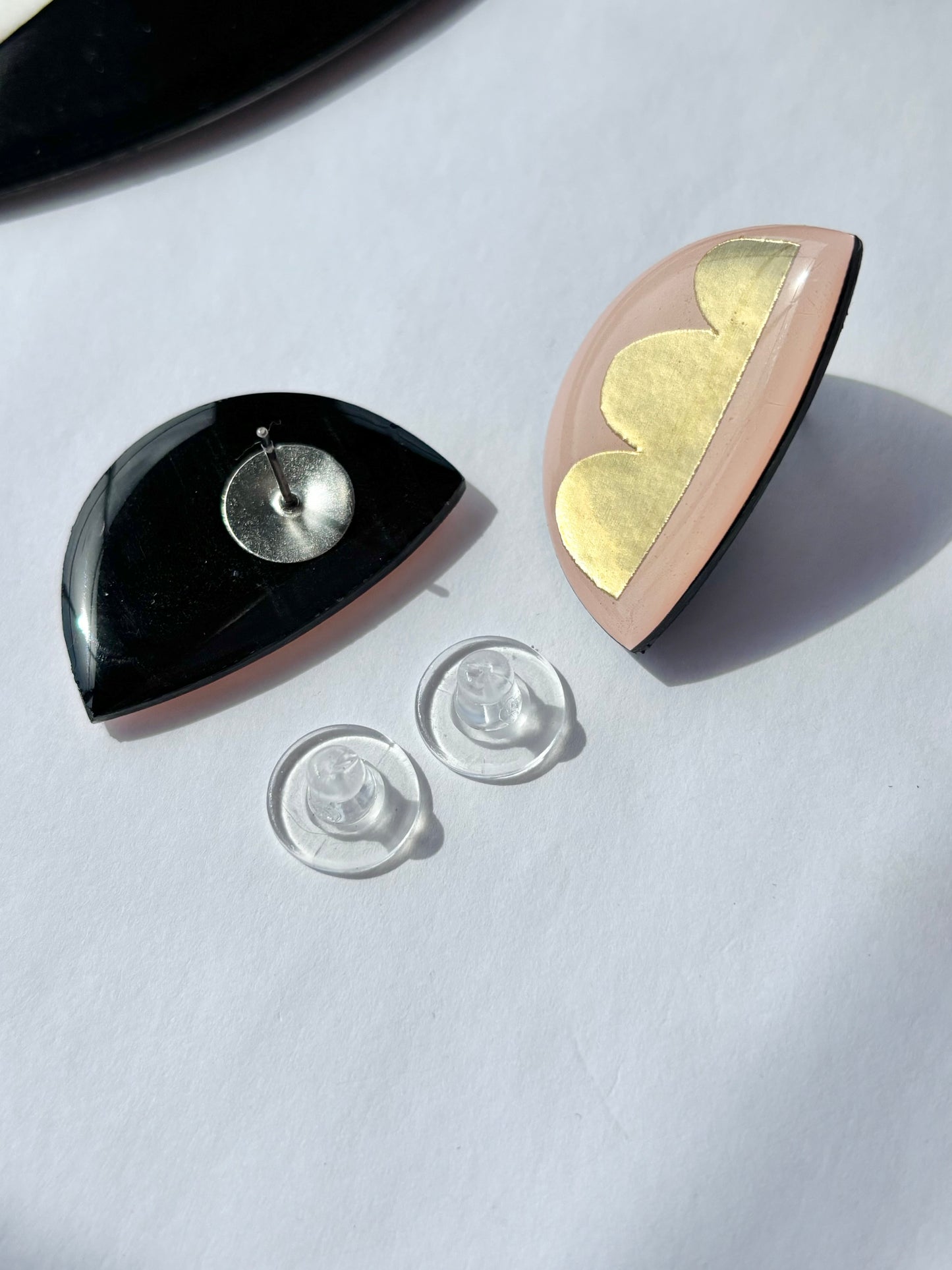 50% off large one of a kind studs in light pink, with lush pops of gold | contemporary art earrings