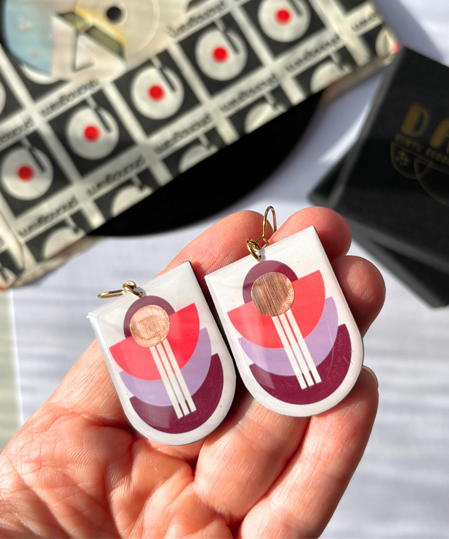 30% OFF ART DECO earrings in reddish orange, lilac, plum, with a pop of copper