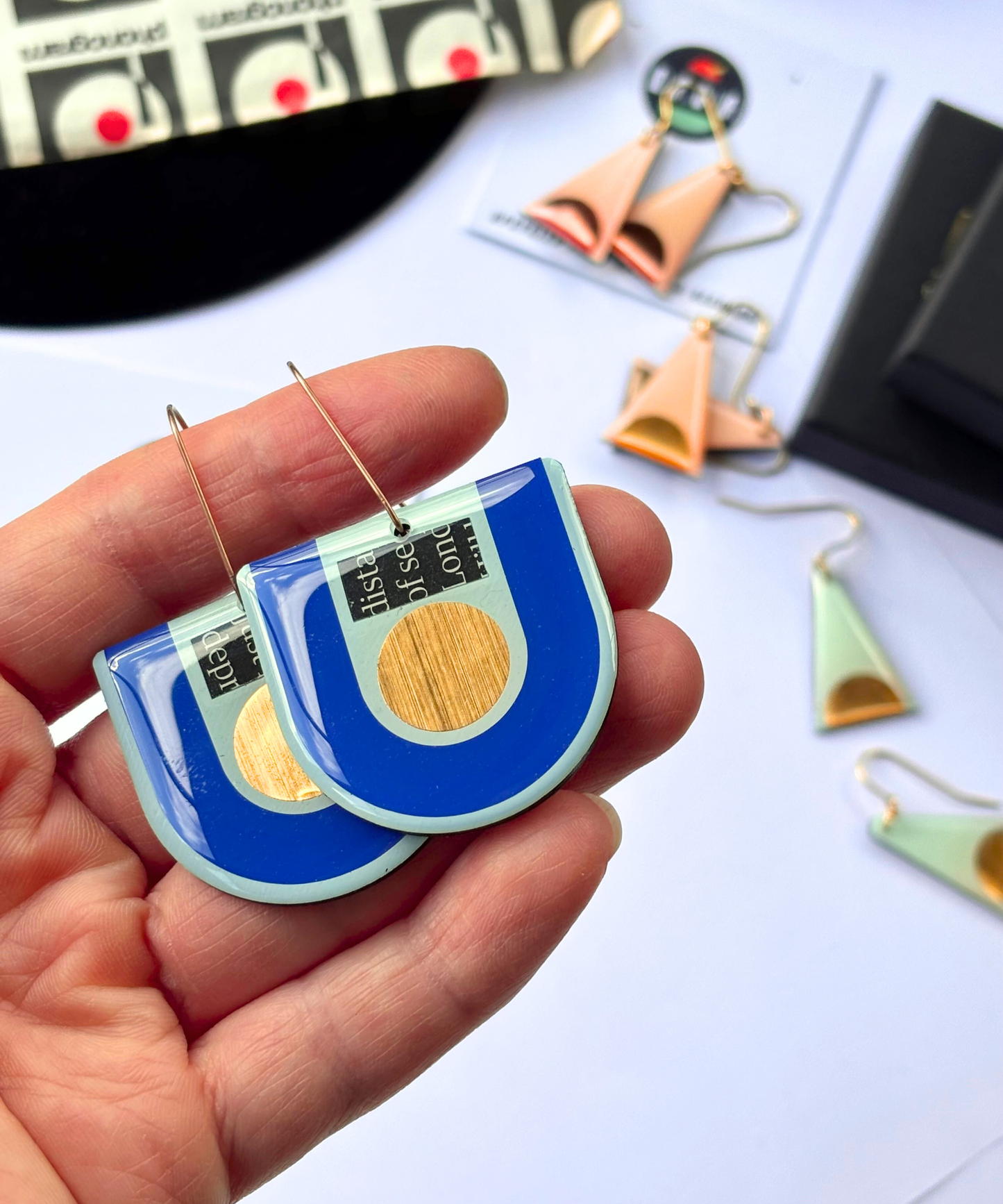 30% off statement art earrings in blue, gold and recycled magazine paper / unique upcycled Irish design
