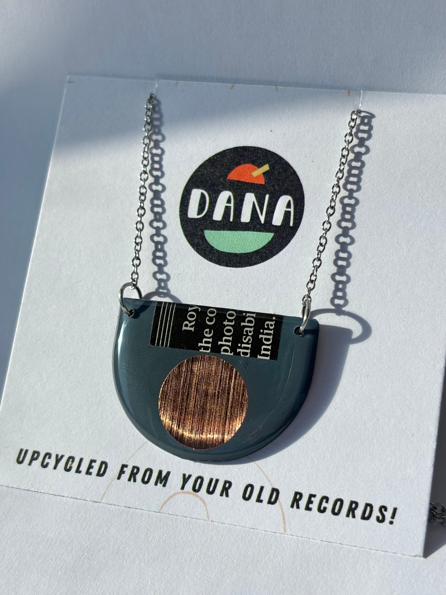 40% OFF / modern recycled vinyl record necklace in blue grey, copper and recycled paper detail