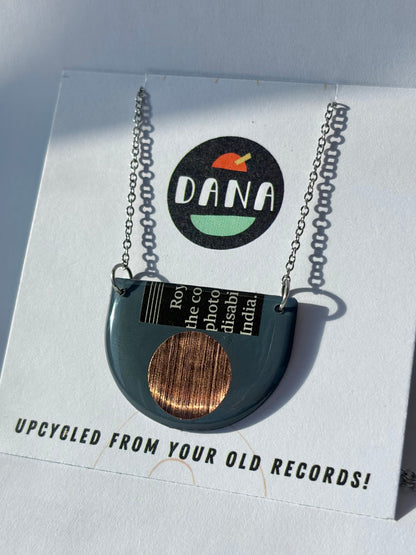 40% OFF / modern recycled vinyl record necklace in blue grey, copper and recycled paper detail