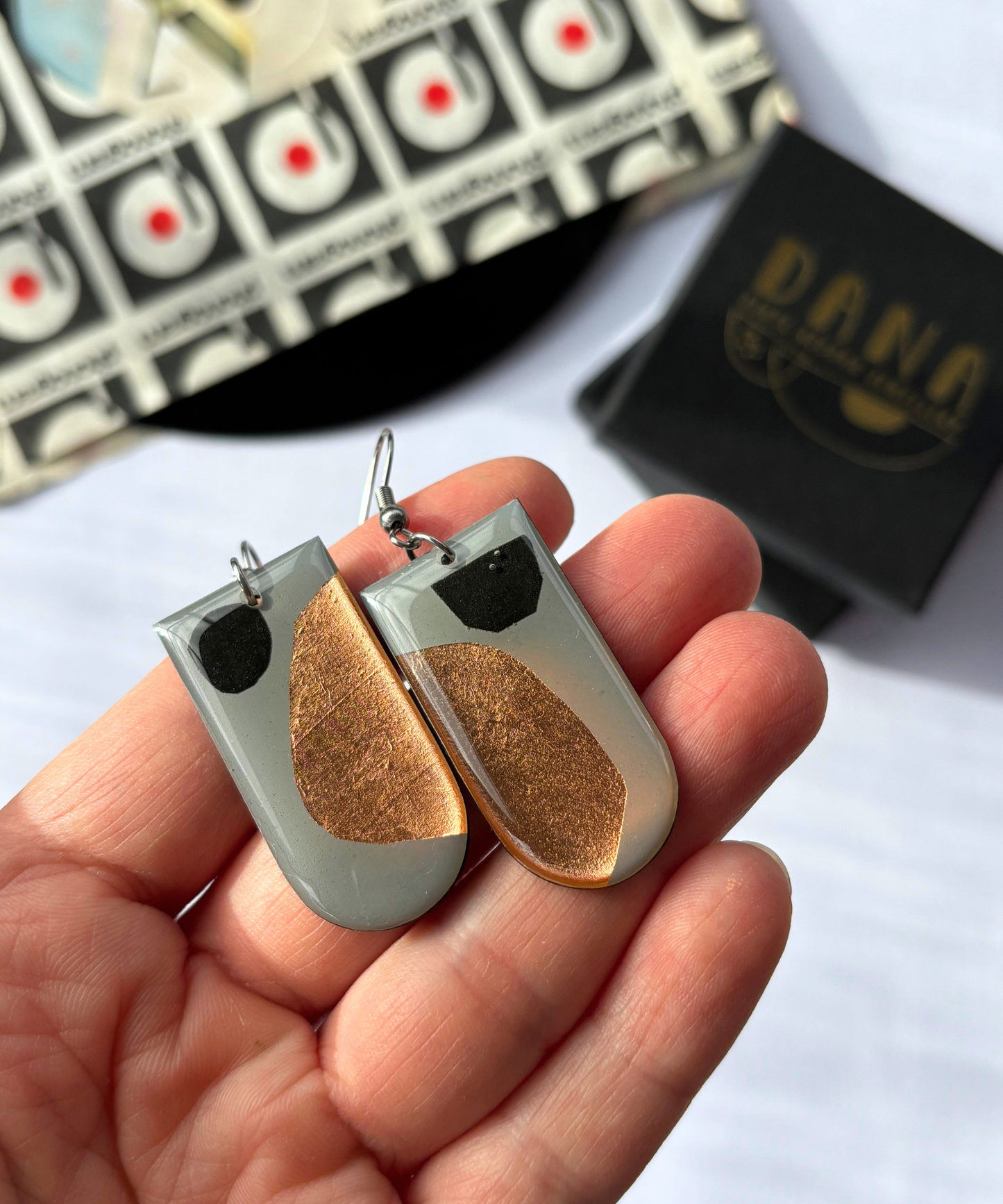 40% OFF -tiny bubbles, read description- unique abstract art earrings upcycled from vinyl record with warm copper detail