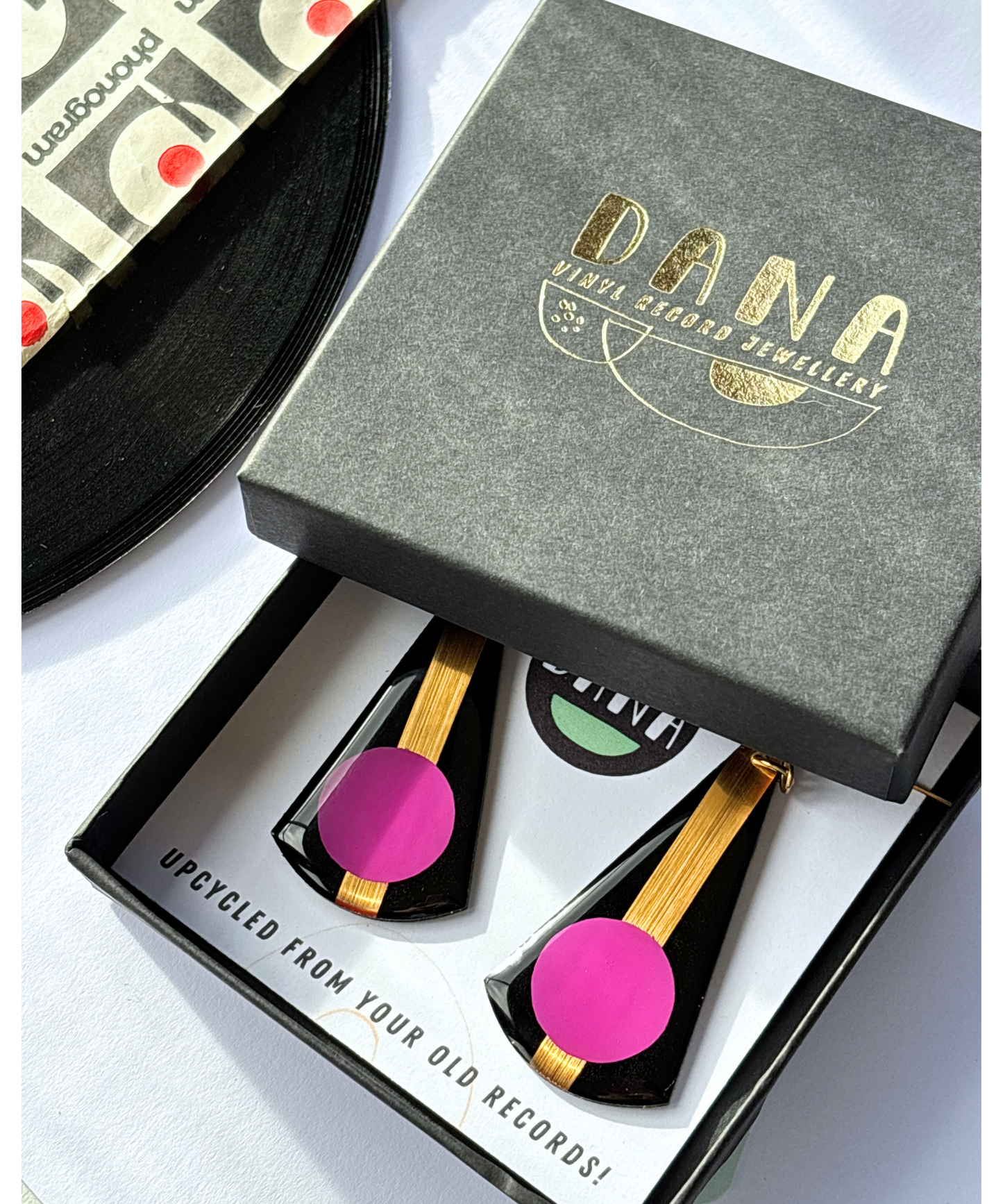 ANDY in purple and gold | bold graphic upcycled earrings