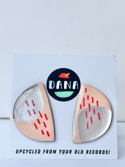 40% OFF large one of a kind studs in light pink, with lush pops of silver and red | contemporary art earrings