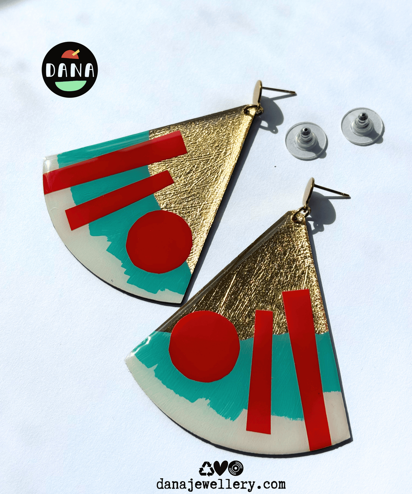 X-large abstract graphic statement earrings  in turquoise and red with delicious gold detail